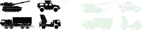 Фотография Set of ground military vehicle silhouettes featuring artillery tank, tactical ca