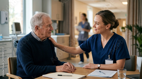 Caring female nurse comforting an elderly patient during a check-up in a medical clinic