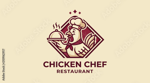 Chicken Chef Restaurant Logo with Rooster Holding a Cloche.
