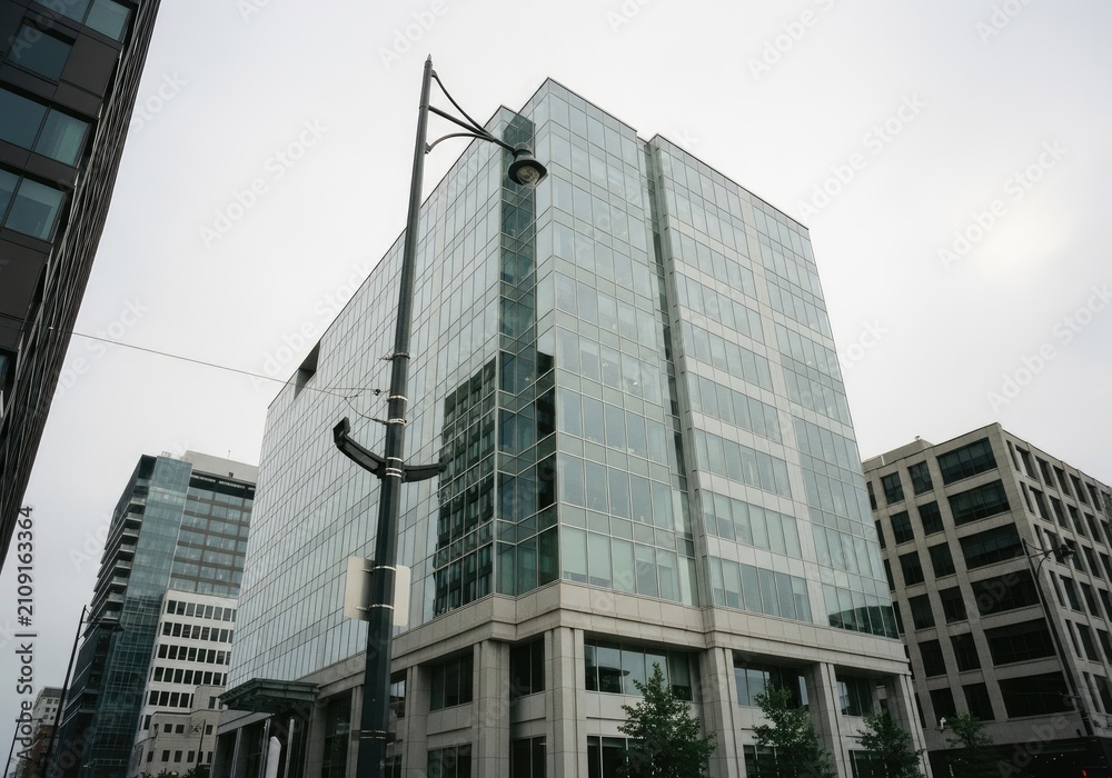 Obraz premium Modern Glass Office Building Facade with Streetlight.