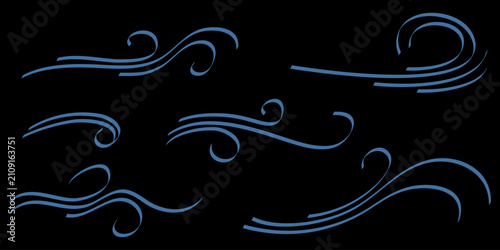 Doodle wind blow, gust, air blow, swirl design elements. isolated on black background. vector hand drawn illustration