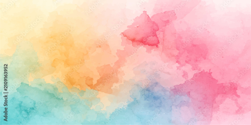 Fototapeta premium Abstract Watercolor Wash A vibrant and ethereal watercolor wash in soft pastel hues of yellow, pink, blue, and green creates a dreamy and artistic background, perfect for design projects.