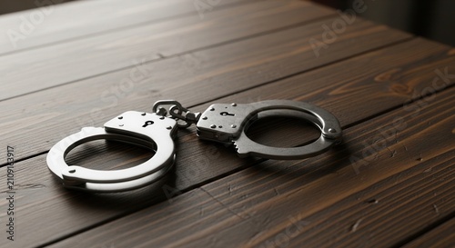 Stainless Steel Handcuffs on a Wooden Table, Crime and Justice Concept