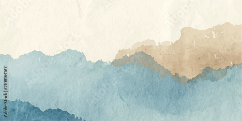 Foto Misty Mountain Serenity A watercolor wash of tranquil mountains in muted blues and earthy tones evokes a sense of calm and vastness, an abstract landscape perfect for contemplative spaces