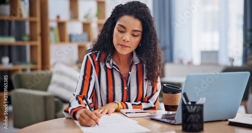 Bild auf Leinwand Writing, paperwork and woman in home for remote work, finance review and budget planning