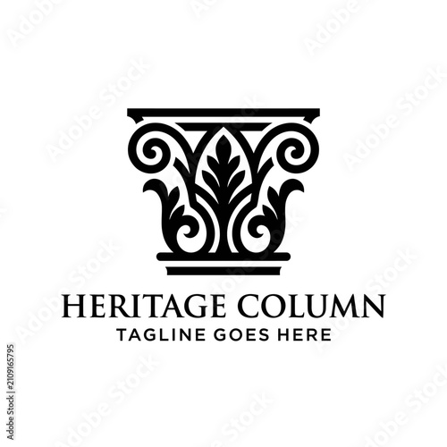 Architectural pillar emblem for legal, history, or classical branding.