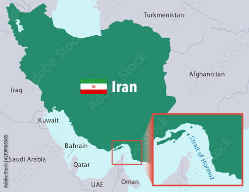 Фотография Ultra high detail Iran map with enlarged Strait of Hormuz, national flag, and ne
