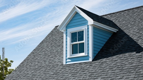 A blue dormer window on a dark shingle roof under a cloudy blue sky. Ideal for roofing and architecture.