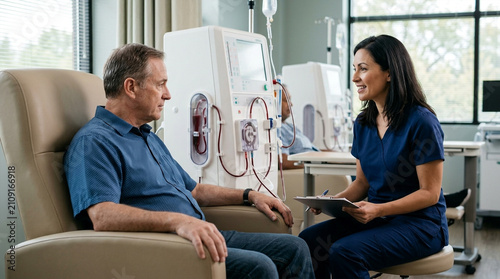 Caring nurse explaining treatment options to a male patient undergoing medical procedure in clinic