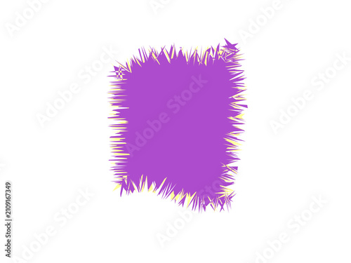 A vibrant purple rectangular shape with textured frayed edges and yellow trim