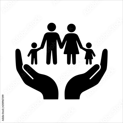 Family Protection Icon: Hands Cupping Parental Figures and Children, Symbolizing Care and Security