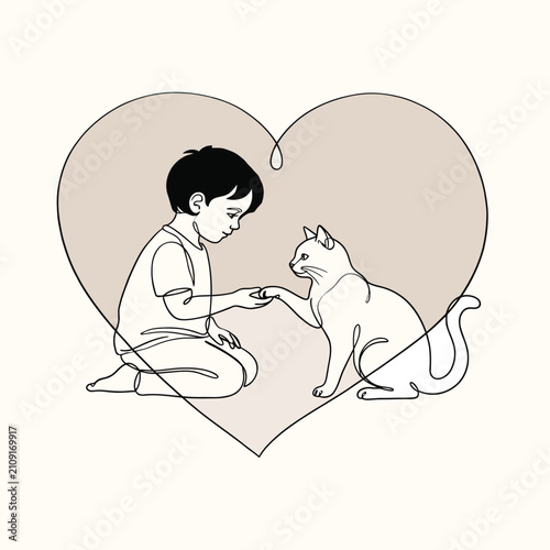 Minimalist Continuous Line Drawing Of Young Boy And Cat Paw Handshake Friendship Inside Heart Frame