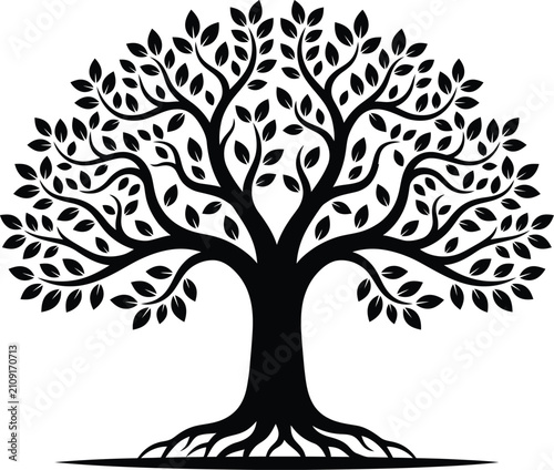 Fotografía Symmetrical tree of life silhouette, black oak tree vector, leafy nature icon