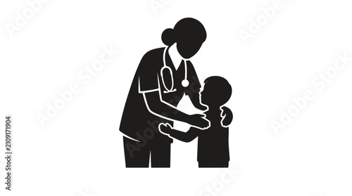 Photos Nurse wearing a stethoscope provides comfort and care to a child during a pediatric medical visit to ensure wellness and emotional support