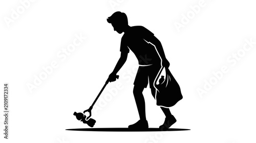 Konstfotografi Volunteer uses a reacher grabber tool to collect plastic waste from the ground, promoting environmental sustainability and the ongoing global efforts to clean up public spaces and reduce pollution