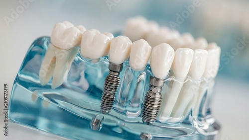 Dental implant model demonstrating artificial teeth with titanium screw roots