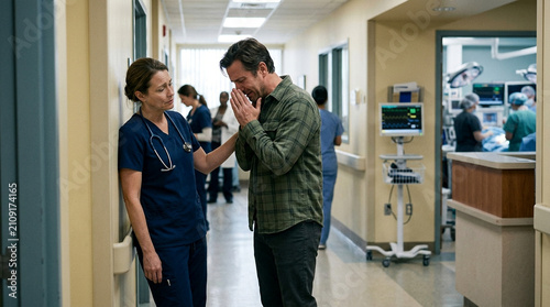 Concerned nurse comforting a crying man in a hospital corridor offering support