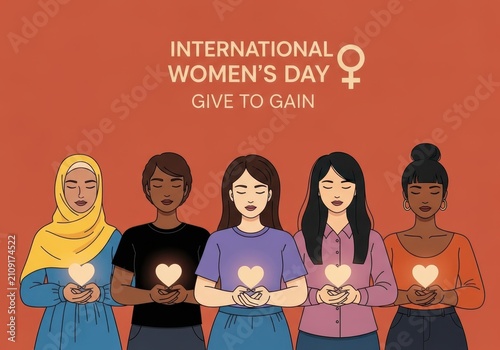 International womens day illustration with diverse women holding glowing hearts
