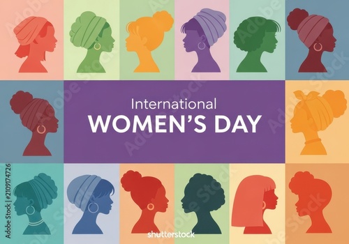 International womens day celebration card with diverse female silhouettes