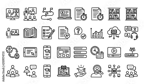 Fotografía Distance Learning Outline Icon Collection with Online Education Webinar and Trai