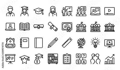 Student Line Icons Set with Education Webinar Academic Learning and School Symbols