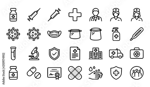 Vaccine Line Icons Set with Syringe Coronavirus Medical Mask and Healthcare Symbols
