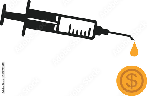 Financial capital injection vector icon, medical syringe dripping liquid onto dollar coin