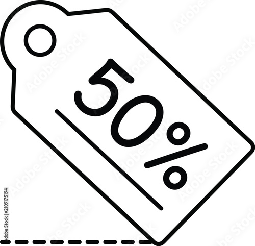Foto Minimalist 50 percent discount price tag icon, black line art sale label vector,