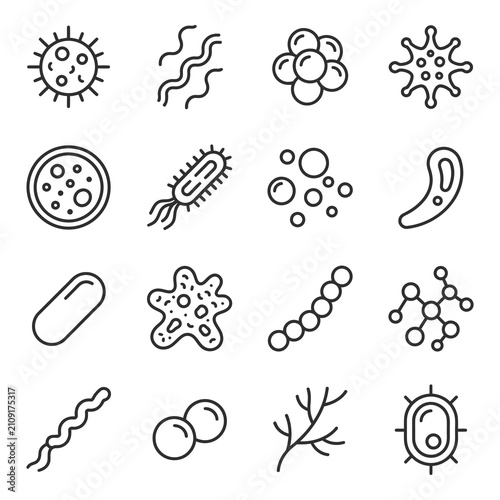 Foto Black line icons of various microbiology bacteria and cells on white background