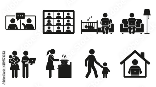 Work-from-home icon set showing video call, laptop, family and remote worker daily routine