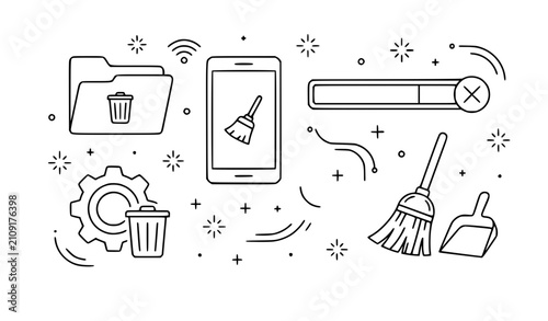 Data cleaning and system optimization line art illustration