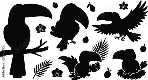 Obraz na płótnie Cute Toucan Silhouette Vector Element Set featuring Tropical Birds with Palm Lea