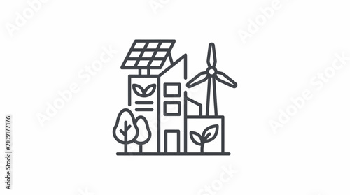 Building featuring solar panels and a wind turbine represents sustainable energy and green architecture.
