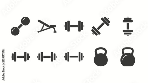 Dumbbells and kettlebells are organized in a clean set of fitness equipment icons for gym branding.