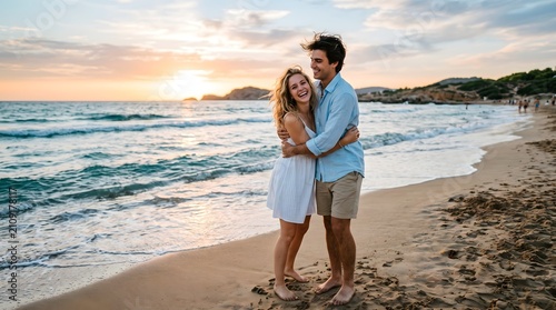 A happy, young couple is hugging and laughing on a sandy ocean shore, enjoying their vacation and the sunset. AI generated.