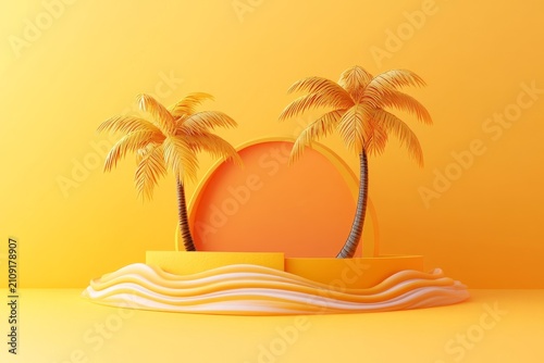 fantasy tropical coast 3d scene with stylized ocean surf and palm trees