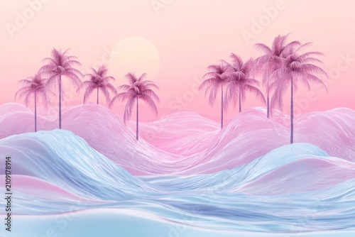 tropical island 3d environment with stylized palm trees and ocean waves
