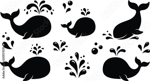 Schilderij op canvas Whale Silhouette Icon Set Featuring Marine Wildlife with Water Blowhole Spouts,