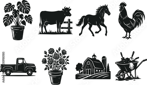Fotografie Farm life and gardening vector silhouette icon set featuring country barn livest