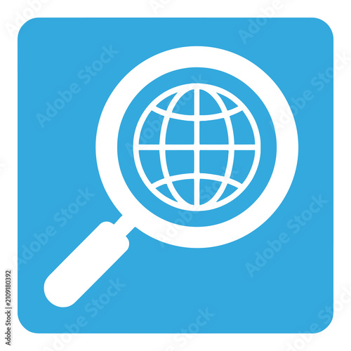 фотографія Magnifying glass enlarging a globe on blue square icon icon