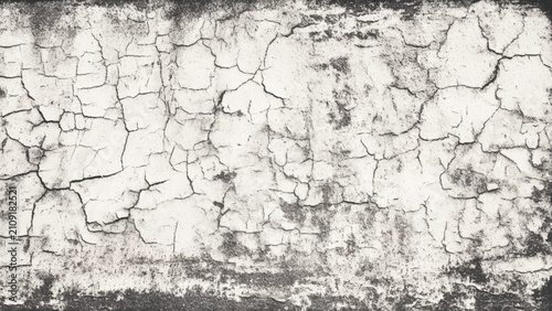 Distressed white wall texture with deep black cracks, weathered concrete surface with grunge overlay and peeling paint pattern