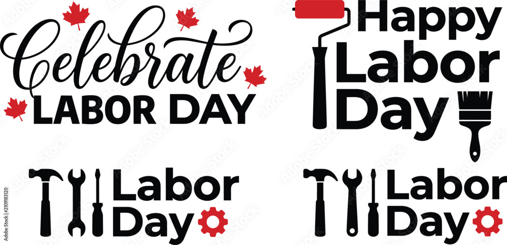 Fototapeta premium Labor day typographic designs with tools and floral elements bold lettering dark silhouette celebration holiday seasonal typography