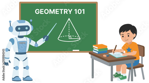 Foto Robot teacher instructing young student in geometry class with cone diagram on blackboard