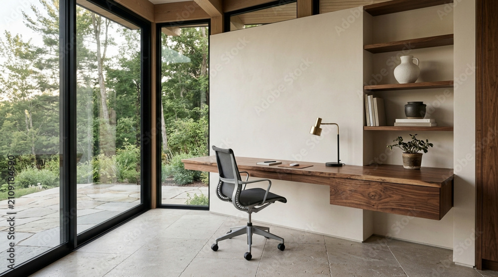 Obraz premium Modern Home Office with Natural Wood Desk and Large Window Overlooking Forest