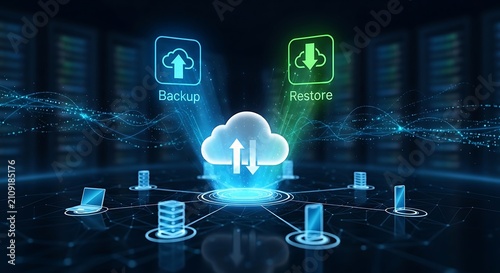 Cloud data backup and restore concept. Digital server storage and network synchronization.