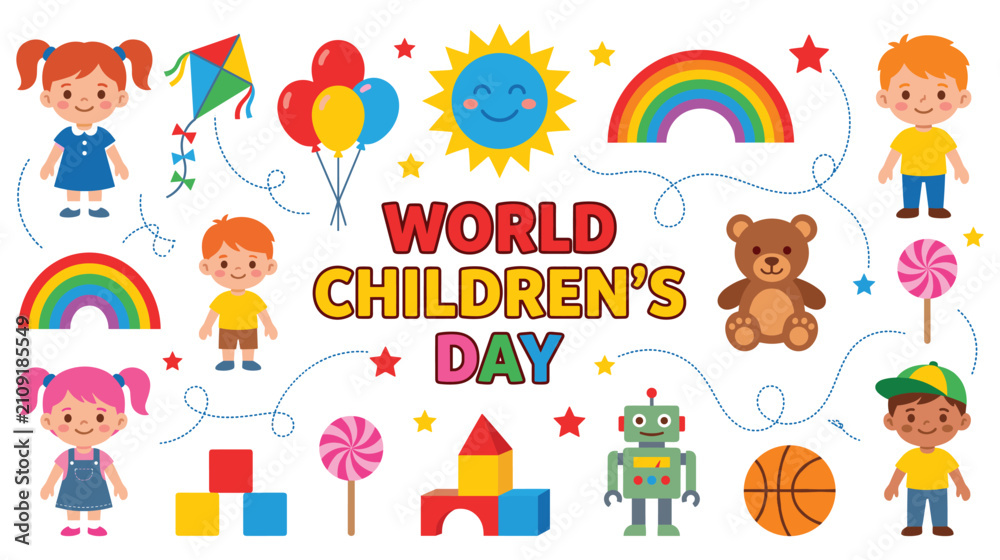 Fototapeta premium World childrens day with kids toys sun rainbow robot teddy bear kite balloons.