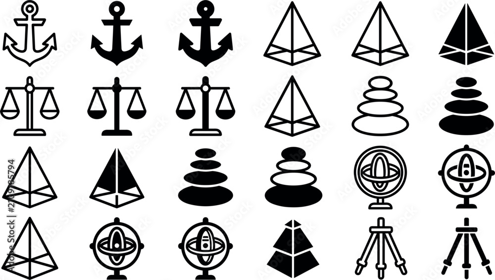 Naklejka premium Conceptual Icon Set with Law Scales, Marine Anchors, Geometric Pyramids, Balanced Spa Stones, and Astronomy Globes for Science, Philosophy, and Education Vector Projects