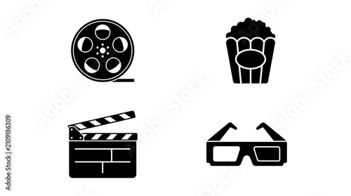 Cinema icons including a film reel, popcorn bucket, movie clapper, and 3D glasses represent entertainment.