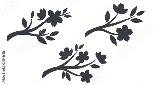 Obraz na plátně Cherry blossom branches with delicate flowers and leaves appear as elegant silhouettes for nature inspired decorative designs