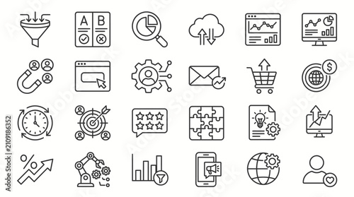 Icons representing business processes and data analytics are arranged in a grid for professional use.